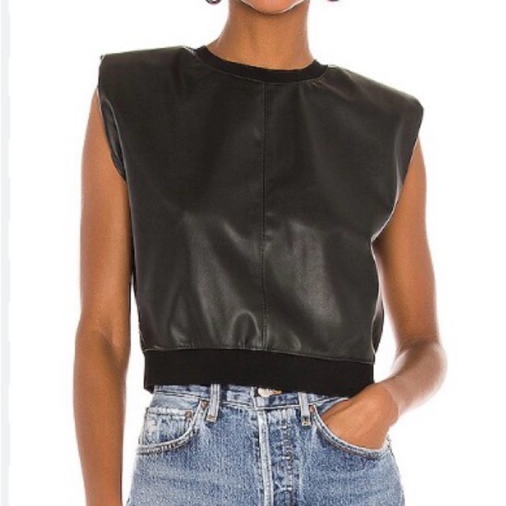 Alice + Olivia Black Faux Leather Padded Shoulder Crop Tank